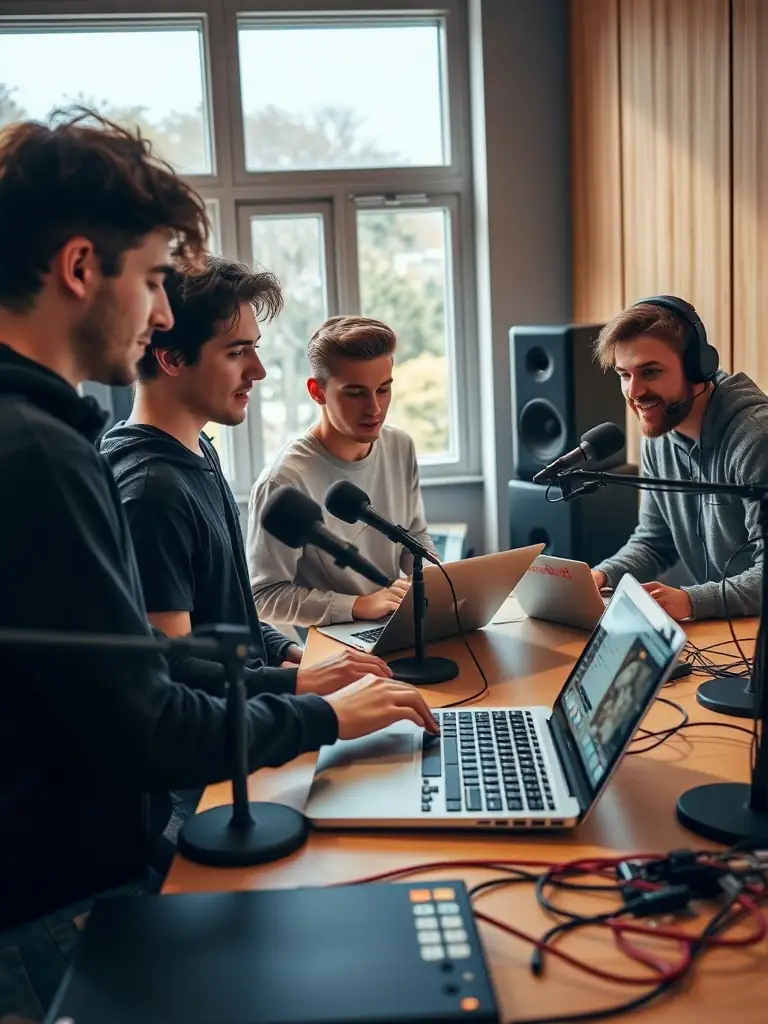 A photograph of a group of young adults participating in a music workshop, focused on sound engineering, at ANODINE CREATIVE RECORDS, showcasing hands-on learning and collaboration.