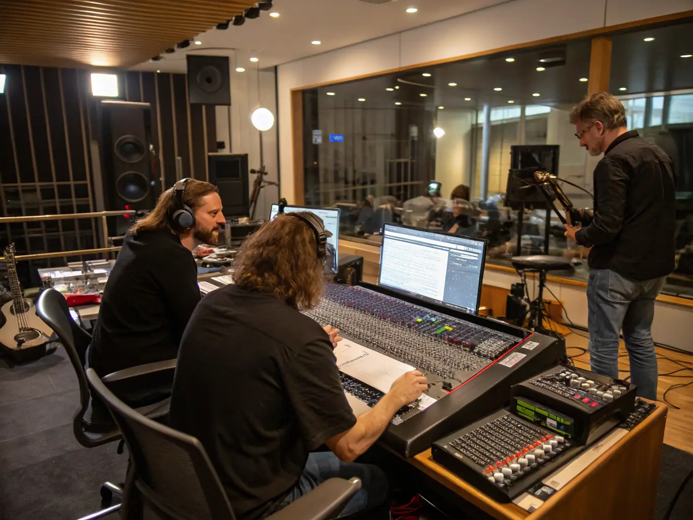 A collaborative image featuring artists and technicians working together in a studio setting, creating and recording music.