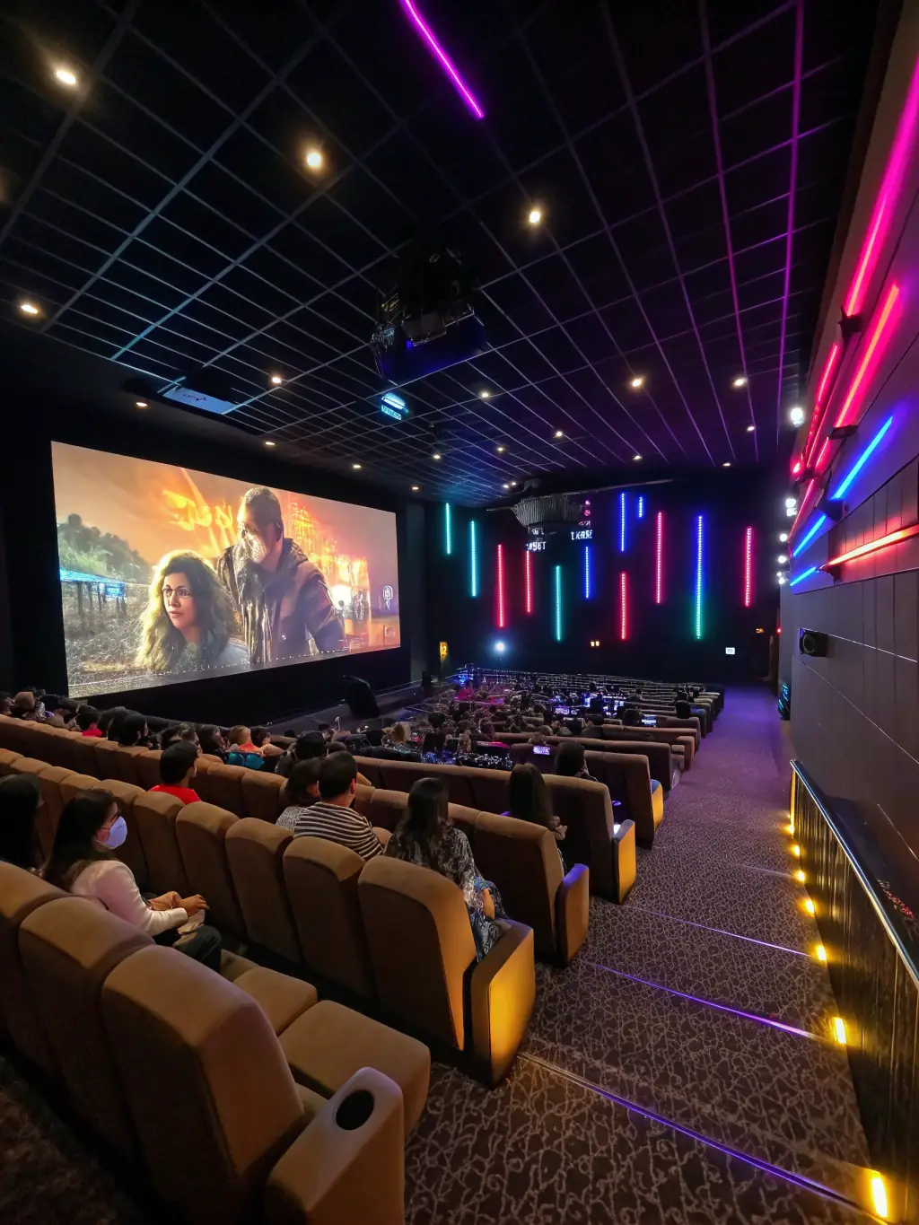 A vibrant image of a film screening event organized by ANODINE CREATIVE RECORDS, featuring a diverse audience and showcasing independent films.