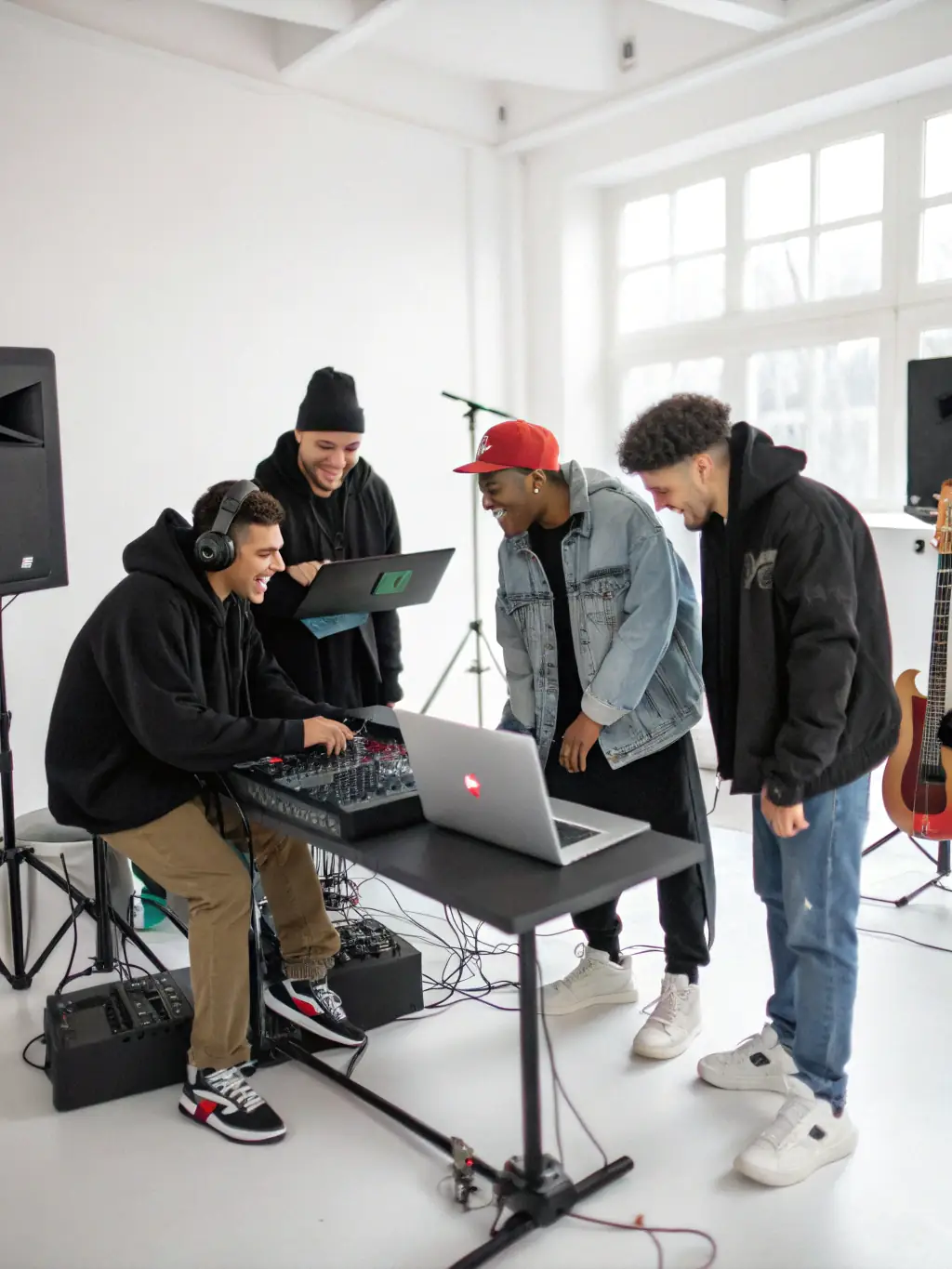 A photograph of a diverse group of young adults participating in a music production workshop, showcasing hands-on learning and collaboration at ANODINE CREATIVE RECORDS.