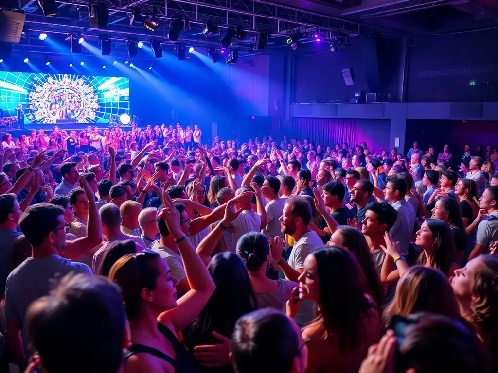 A vibrant image showcasing a live music performance supported by ANODINE CREATIVE RECORDS, with diverse audience members enjoying the show.